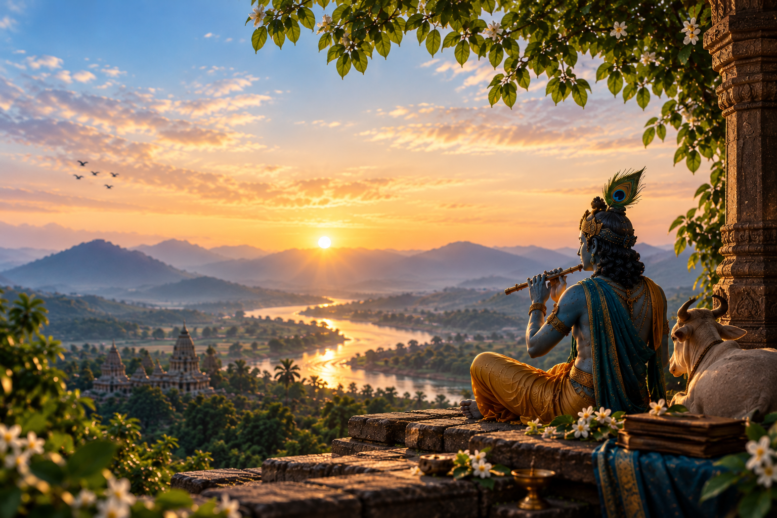 Krishna seated beneath a tree overlooking a river valley at sunrise